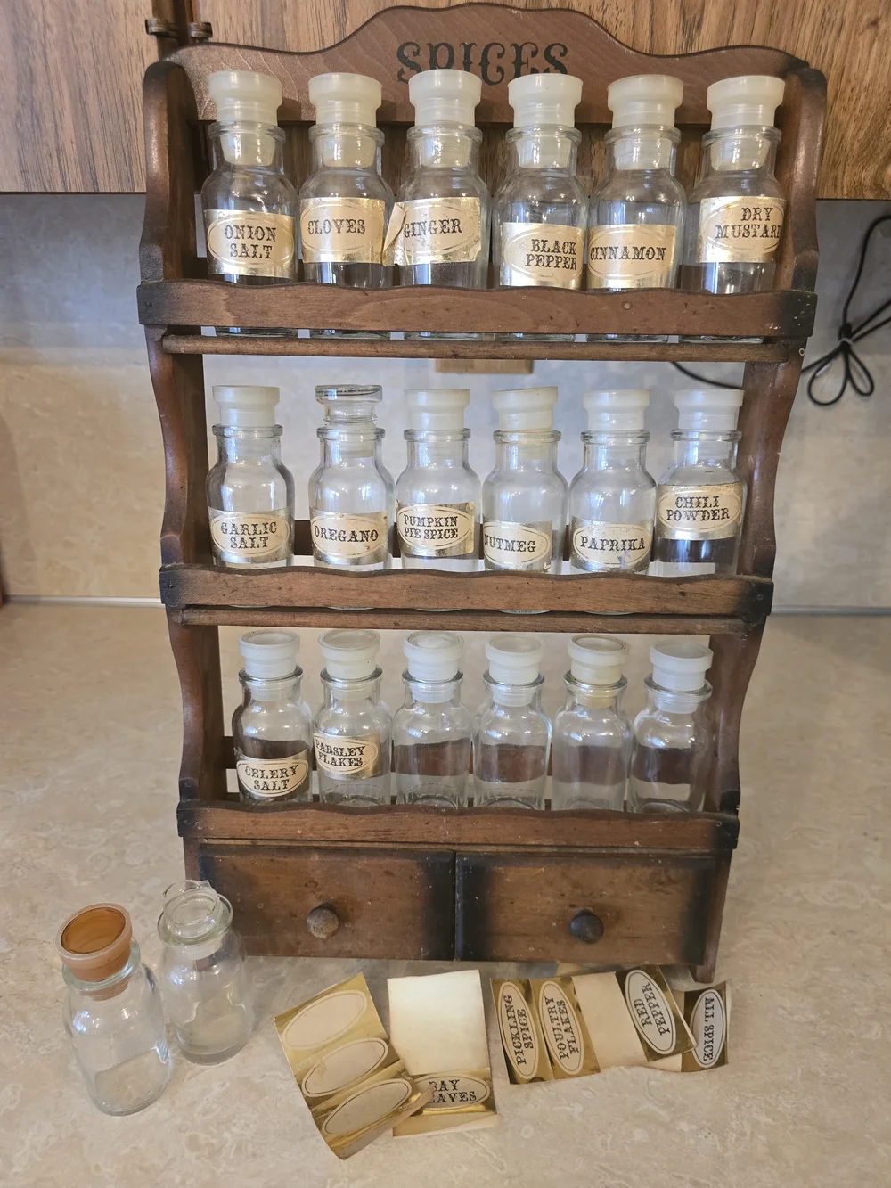 Vintage Wooden Spice Rack with Glass Jars